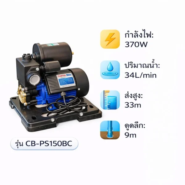 ปั๊มน้ำอัตโนมัติ ใบพัดทองเหลืองแท้  CLINTON CB-PS150 ใบพัดทองเหลืองแท้